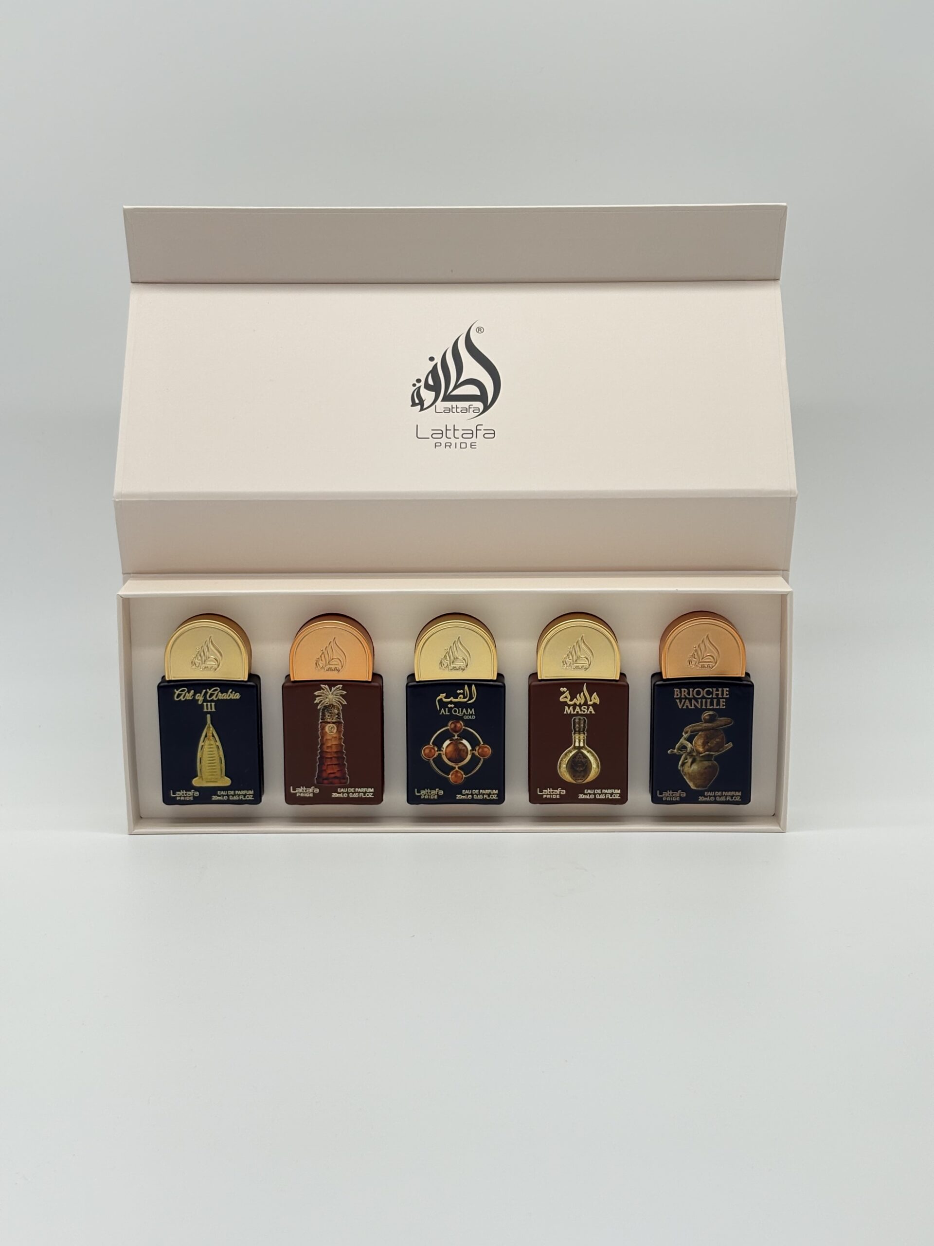 LATTAFA – 5 PC MINI SPRAY (Art of Arabia III, Ajwaa, Al Qiam Gold, Masa, Brioche Vanille)