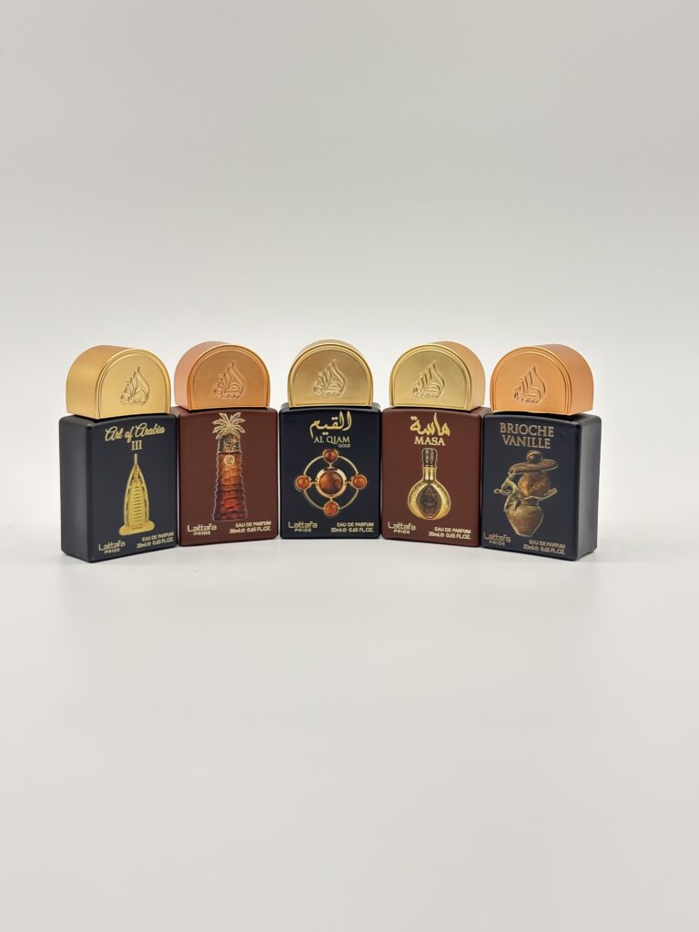 LATTAFA – 5 PC MINI SPRAY (Art of Arabia III, Ajwaa, Al Qiam Gold, Masa, Brioche Vanille)