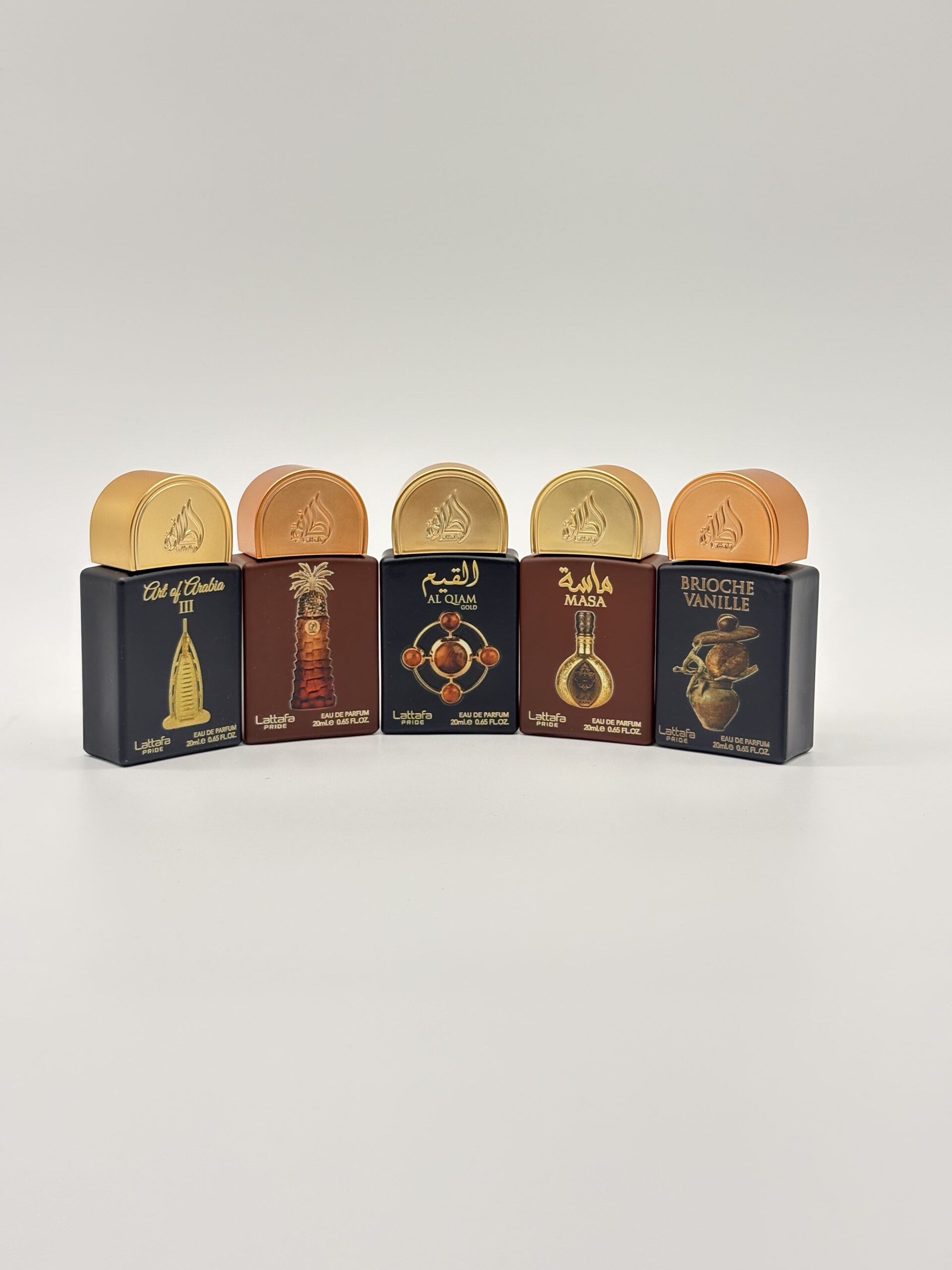 LATTAFA – 5 PC MINI SPRAY (Art of Arabia III, Ajwaa, Al Qiam Gold, Masa, Brioche Vanille)