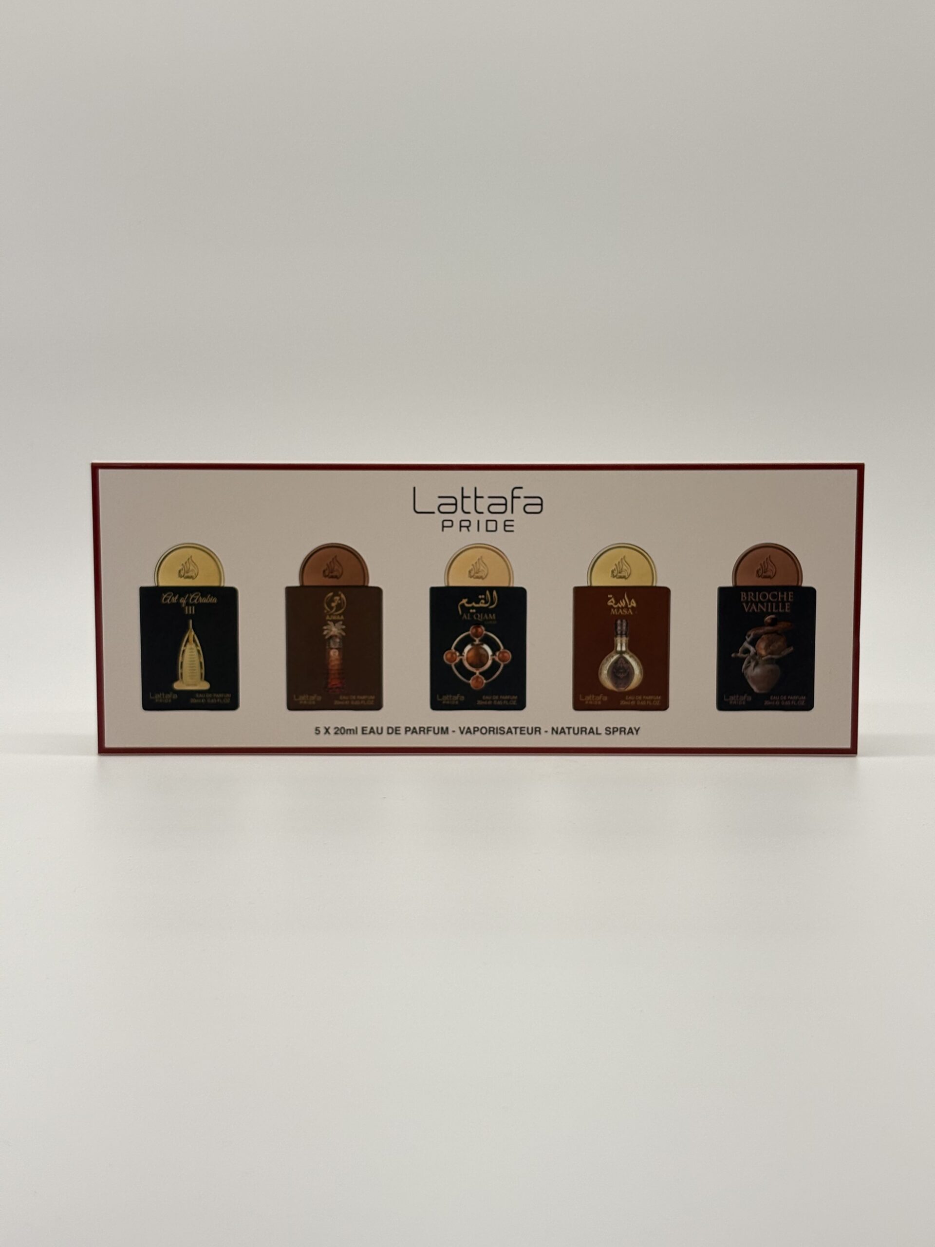 LATTAFA – 5 PC MINI SPRAY (Art of Arabia III, Ajwaa, Al Qiam Gold, Masa, Brioche Vanille)