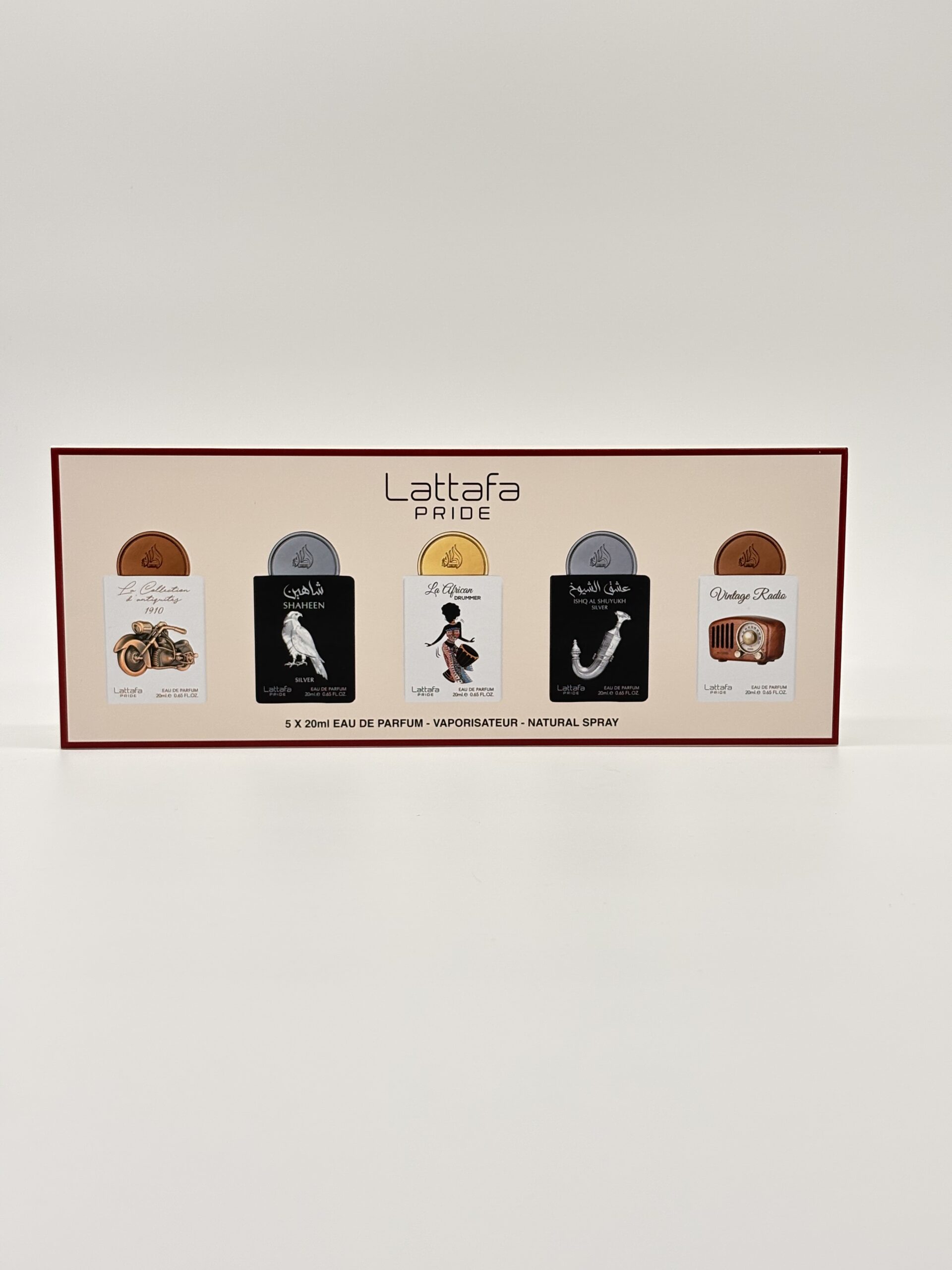 LATTAFA – 5 PCS MINI SPRAY (Bike 1910, Shaheen Silver, African Drummer, Shuyukh Silver, Vintage Radio)