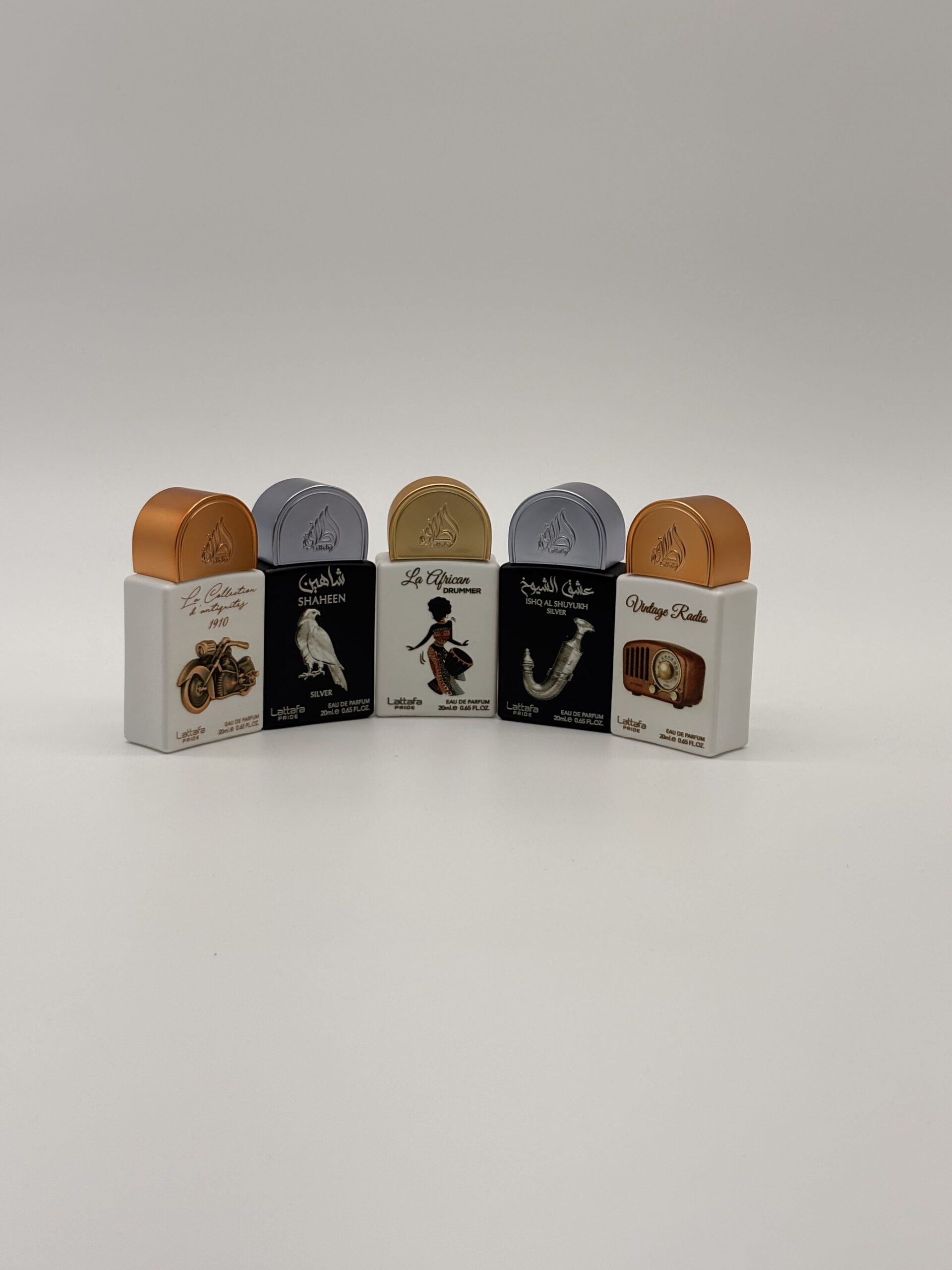 LATTAFA – 5 PCS MINI SPRAY (Bike 1910, Shaheen Silver, African Drummer, Shuyukh Silver, Vintage Radio)