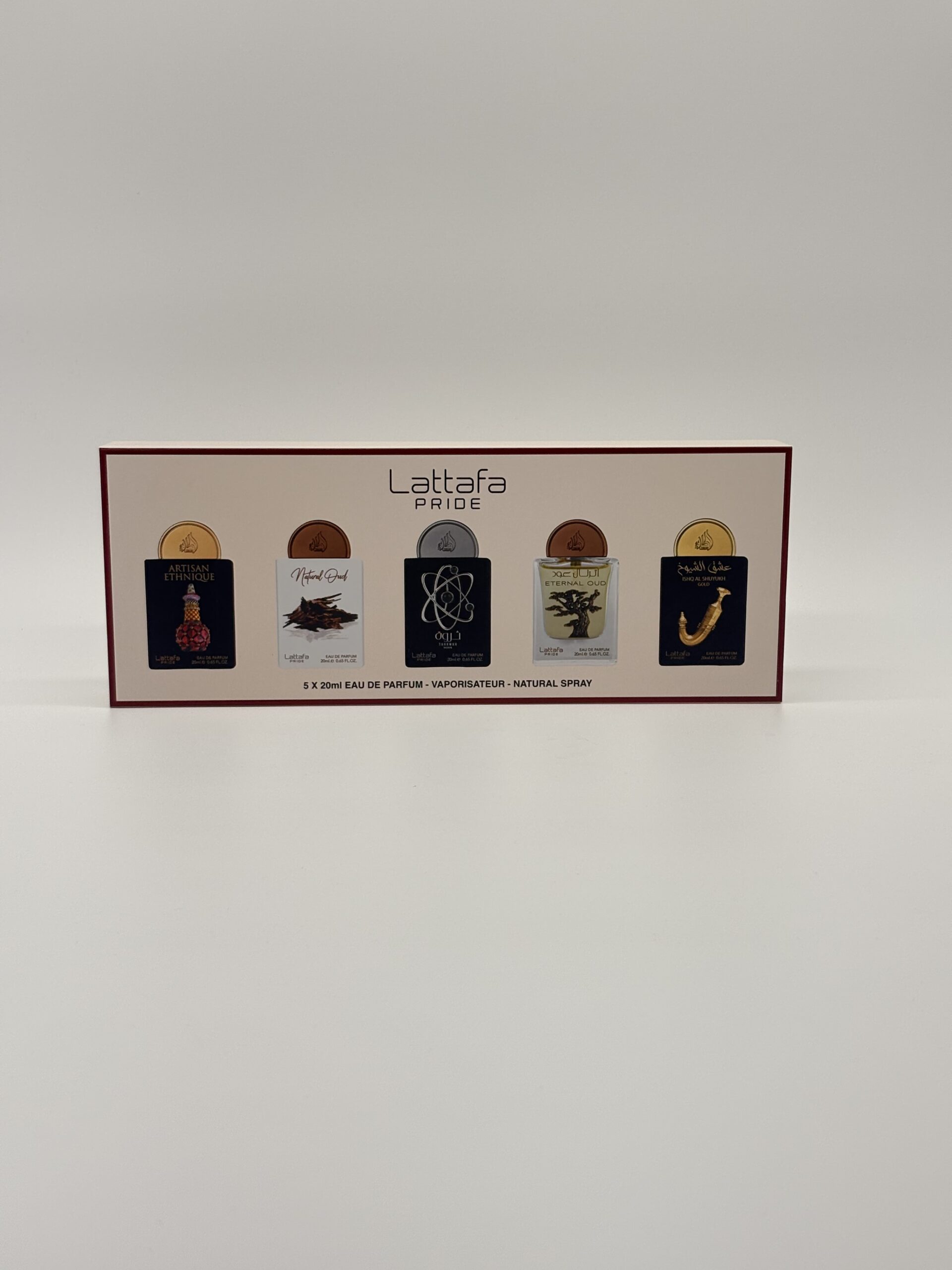 LATTAFA – 5 PC MINI SPRAY SET (Artisan Ethnique, Natural Oud, Tharwah Silver, Eternal Oud, Ishq Al Shuyuk)