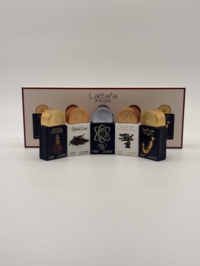 LATTAFA - 5 PC MINI SPRAY SET (Artisan Ethnique, Natural Oud, Tharwah Silver, Eternal Oud, Ishq Al Shuyuk)
