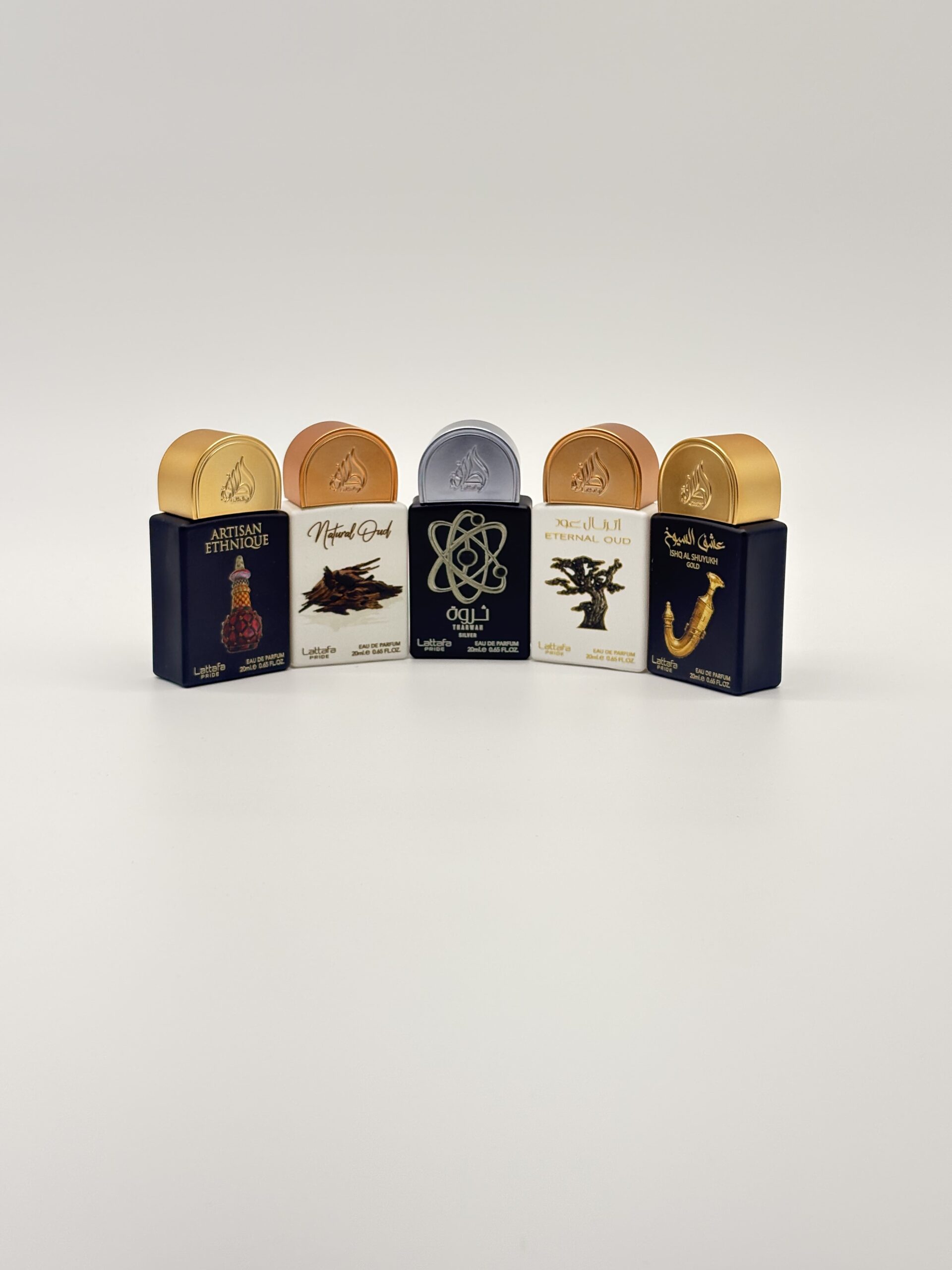 LATTAFA – 5 PC MINI SPRAY SET (Artisan Ethnique, Natural Oud, Tharwah Silver, Eternal Oud, Ishq Al Shuyuk)